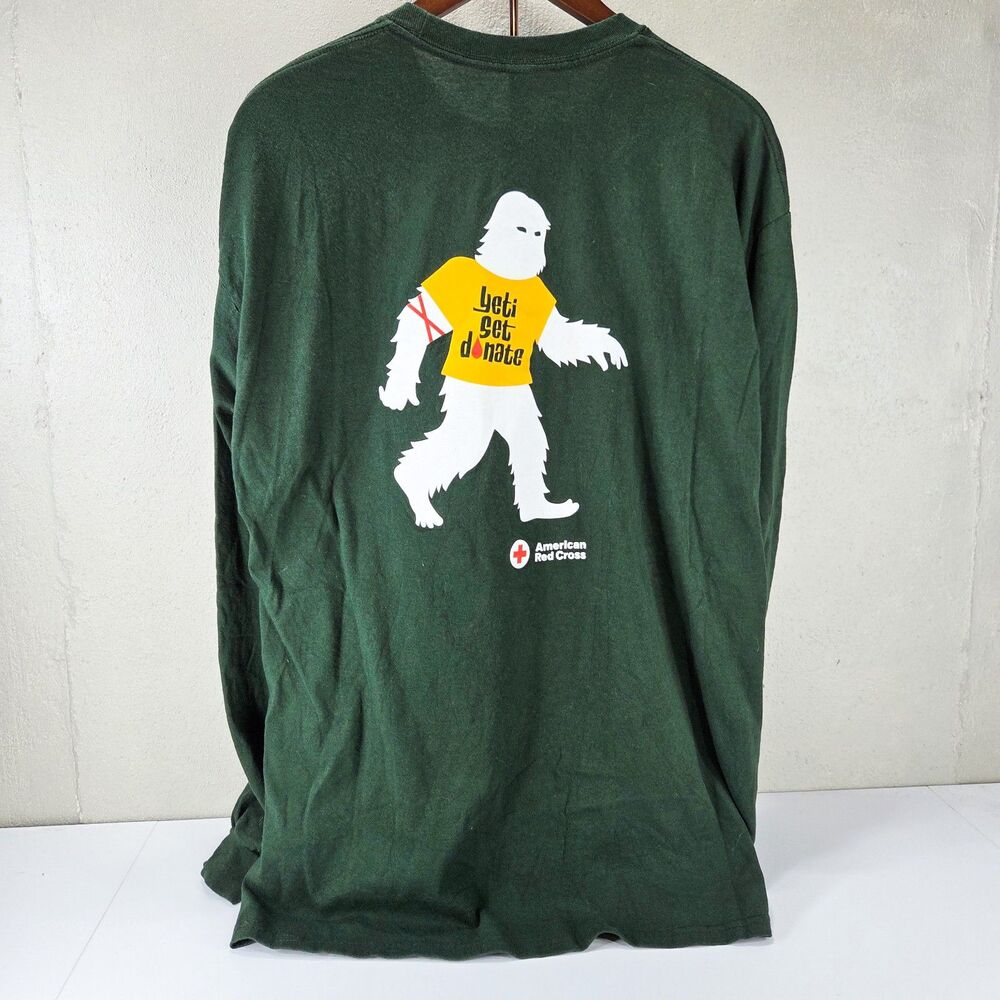 American Red Cross Yeti Blood Donation Graphic Long Sleeve T Shirt Green Sz XL